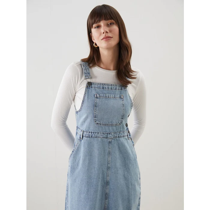 LCW Modest Indigo Kare Yaka Düz Askılı Kadın Jean Salopet Elbise