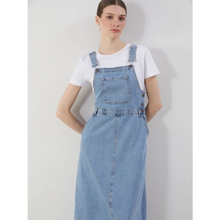 LCW Modest Indigo Kare Yaka Düz Askılı Kadın Jean Salopet Elbise