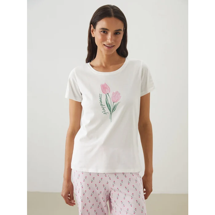 LCW DREAM Pembe Bisiklet Yaka Çiçekli Kadın Kaprili Pijama Takımı