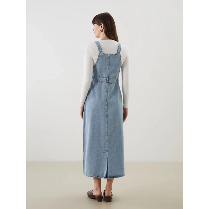 LCW Modest Indigo Kare Yaka Düz Askılı Kadın Jean Salopet Elbise