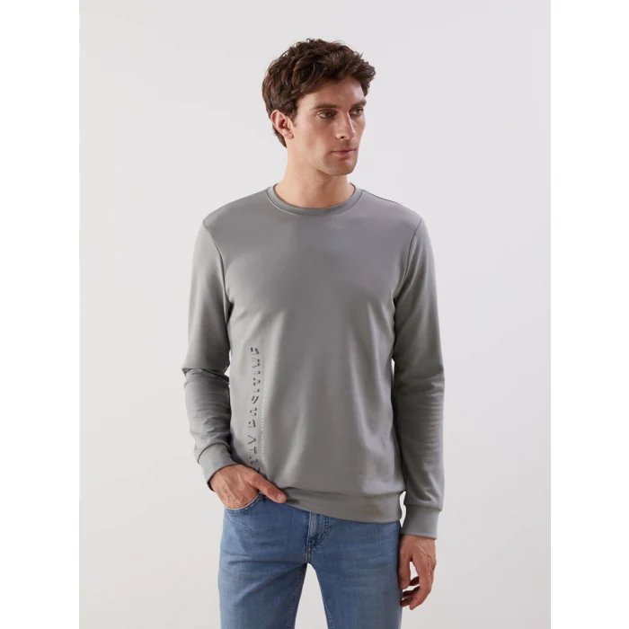 LCWAIKIKI Classic Gri Bisiklet Yaka Uzun Kollu Baskılı Erkek Sweatshirt