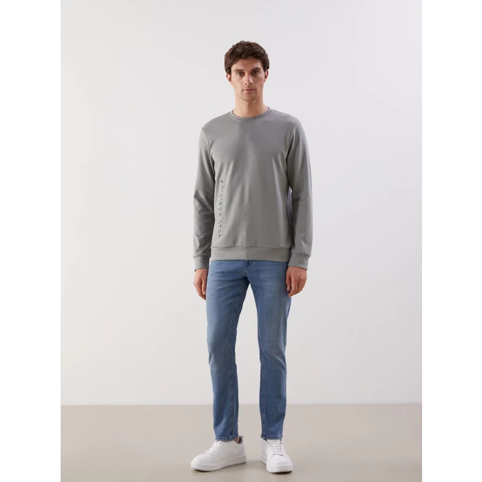 LCWAIKIKI Classic Gri Bisiklet Yaka Uzun Kollu Baskılı Erkek Sweatshirt