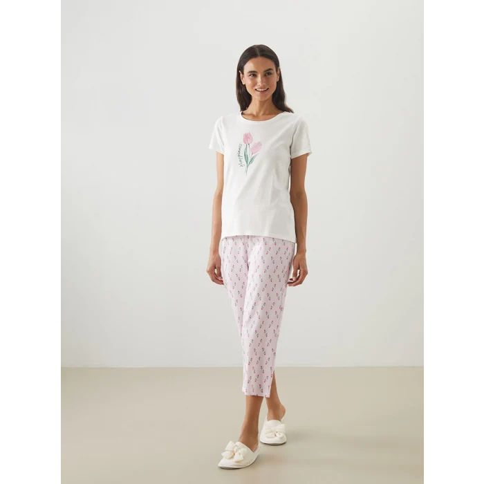 LCW DREAM Pembe Bisiklet Yaka Çiçekli Kadın Kaprili Pijama Takımı