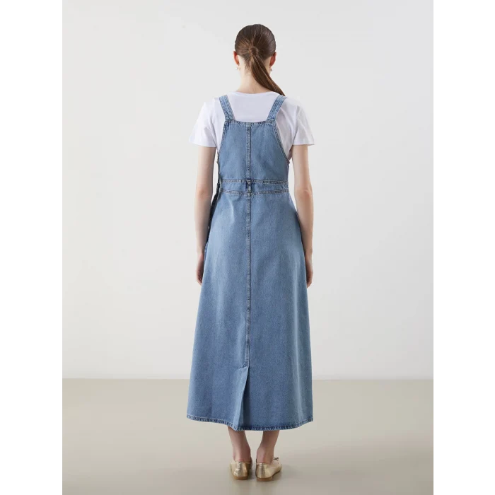 LCW Modest Indigo Kare Yaka Düz Askılı Kadın Jean Salopet Elbise