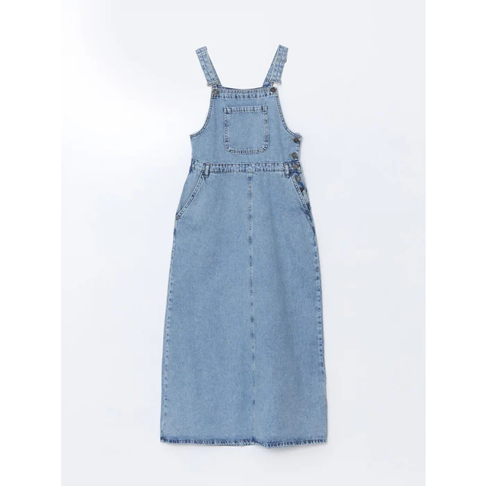 LCW Modest Indigo Kare Yaka Düz Askılı Kadın Jean Salopet Elbise