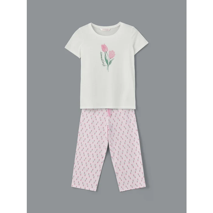 LCW DREAM Pembe Bisiklet Yaka Çiçekli Kadın Kaprili Pijama Takımı