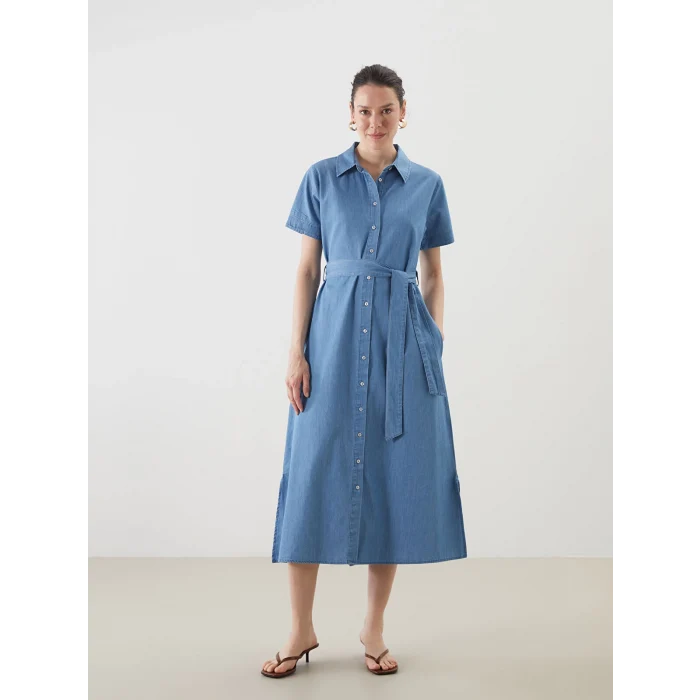 LCWAIKIKI Classic Indigo Gömlek Yaka Jean Elbise