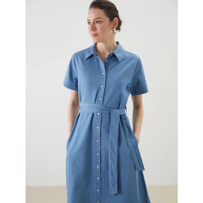 LCWAIKIKI Classic Indigo Gömlek Yaka Jean Elbise