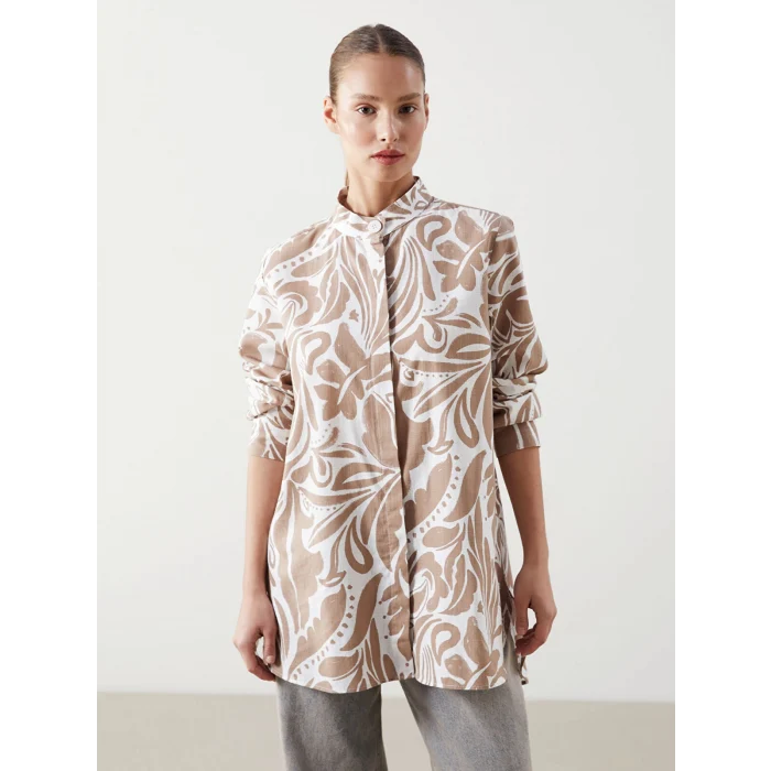 LCWAIKIKI Classic Bej Hakim Yaka Desenli Kadın Gömlek Tunik