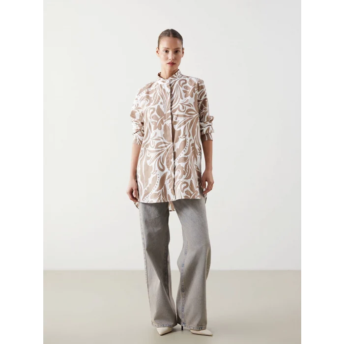 LCWAIKIKI Classic Bej Hakim Yaka Desenli Kadın Gömlek Tunik