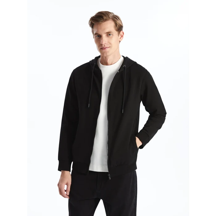LCWAIKIKI Basic Siyah Kapüşonlu Uzun Kollu Erkek Fermuarlı Sweatshirt