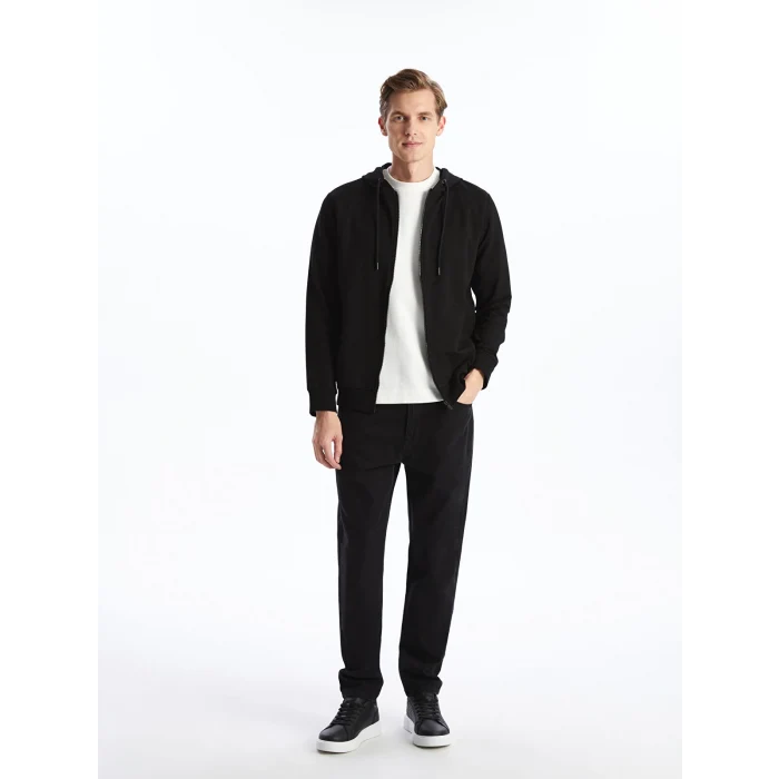 LCWAIKIKI Basic Siyah Kapüşonlu Uzun Kollu Erkek Fermuarlı Sweatshirt