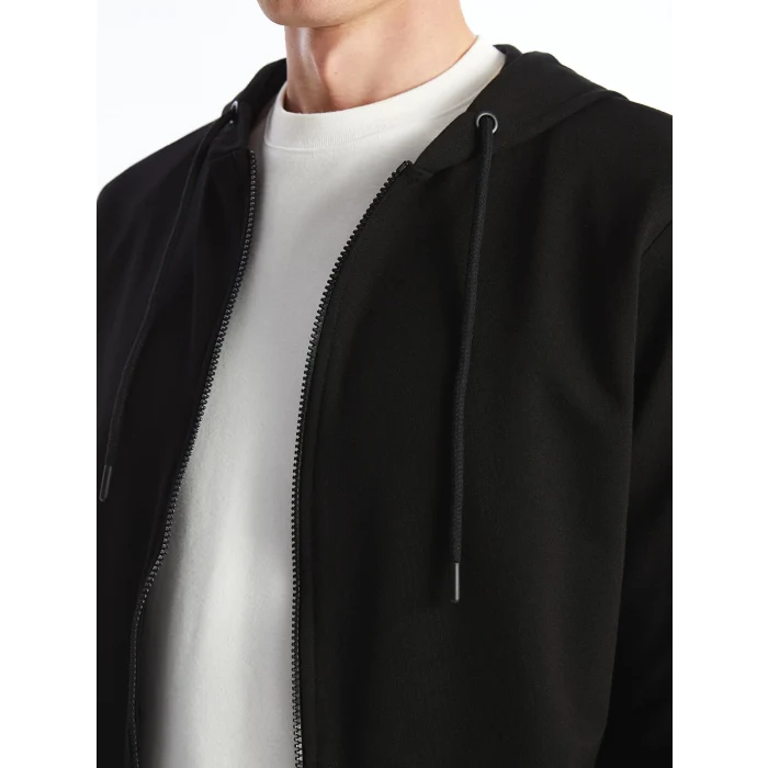 LCWAIKIKI Basic Siyah Kapüşonlu Uzun Kollu Erkek Fermuarlı Sweatshirt