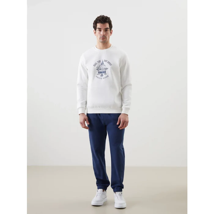 LCWAIKIKI Classic Ekru Bisiklet Yaka Baskılı Erkek Kalın Sweatshirt