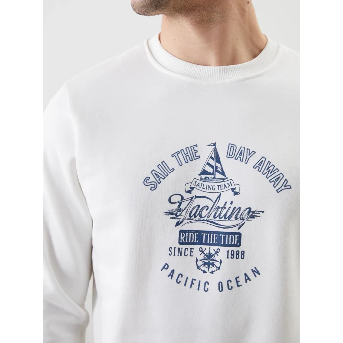 LCWAIKIKI Classic Ekru Bisiklet Yaka Baskılı Erkek Kalın Sweatshirt