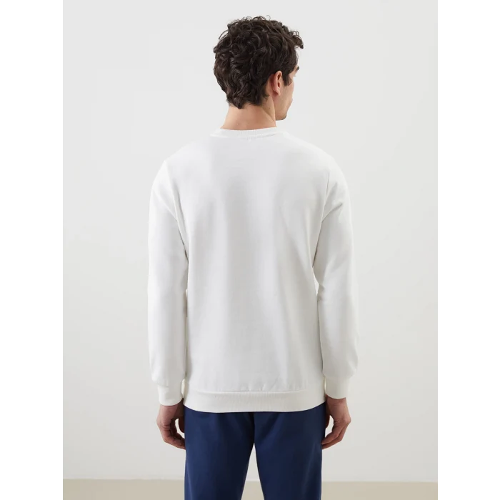 LCWAIKIKI Classic Ekru Bisiklet Yaka Baskılı Erkek Kalın Sweatshirt