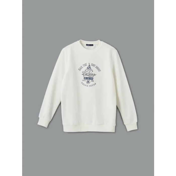 LCWAIKIKI Classic Ekru Bisiklet Yaka Baskılı Erkek Kalın Sweatshirt