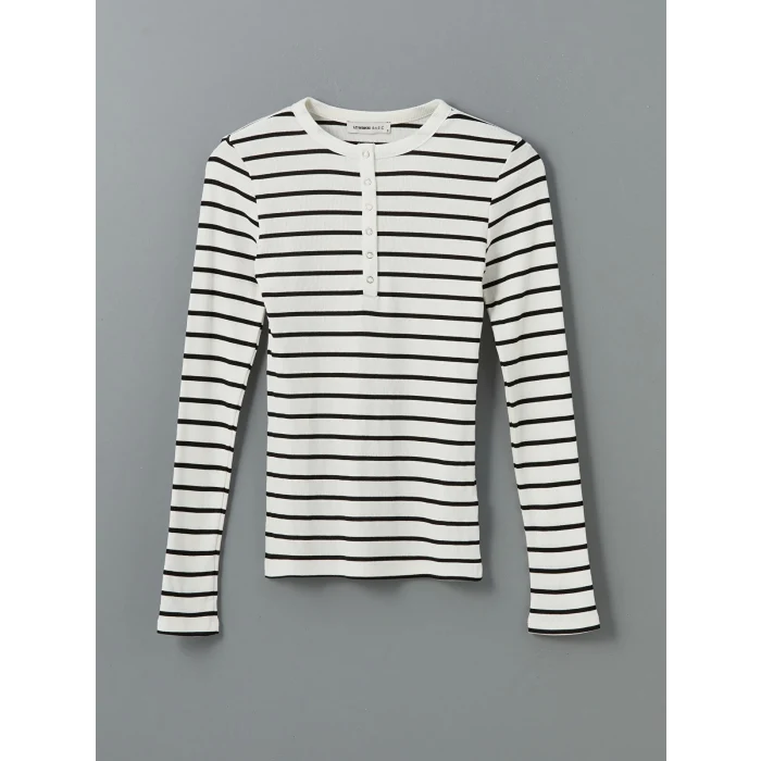 LCWAIKIKI Classic Beyaz Bisiklet Yaka Çizgili Kadın Tişört