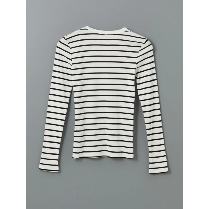 LCWAIKIKI Classic Beyaz Bisiklet Yaka Çizgili Kadın Tişört