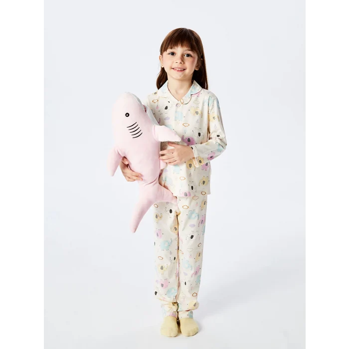 LCW Kids Ekru Gömlek Yaka Baskılı Kız Çocuk Pijama Takım
