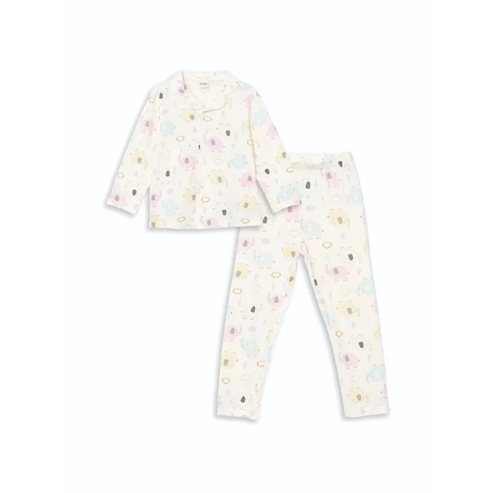 LCW Kids Ekru Gömlek Yaka Baskılı Kız Çocuk Pijama Takım