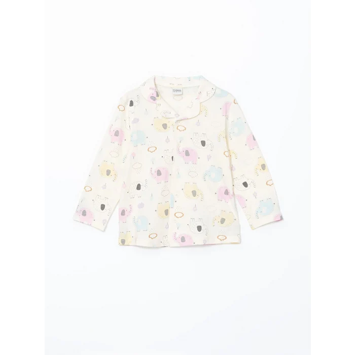 LCW Kids Ekru Gömlek Yaka Baskılı Kız Çocuk Pijama Takım
