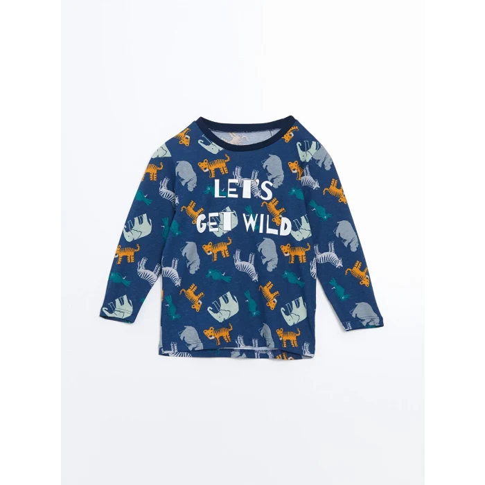 LCW Kids Lacivert Beli Lastikli Baskılı Erkek Çocuk Pijama Takım