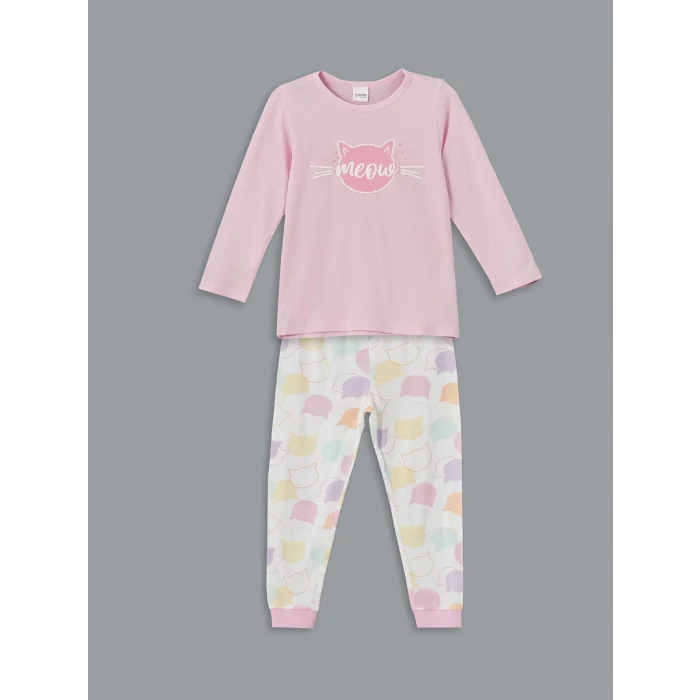 LCW Kids Pembe Bisiklet Yaka Baskılı Kız Çocuk Pijama Takımı