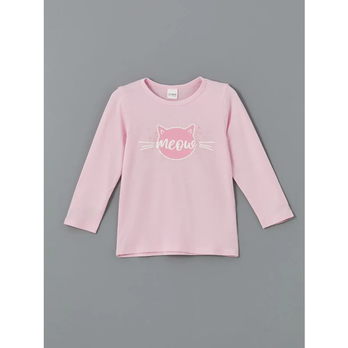 LCW Kids Pembe Bisiklet Yaka Baskılı Kız Çocuk Pijama Takımı