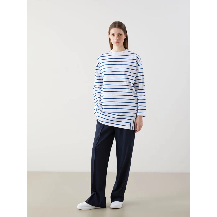 LCW Modest Mavi Bisiklet Yaka Çizgili Kadın Sweatshirt Tunik