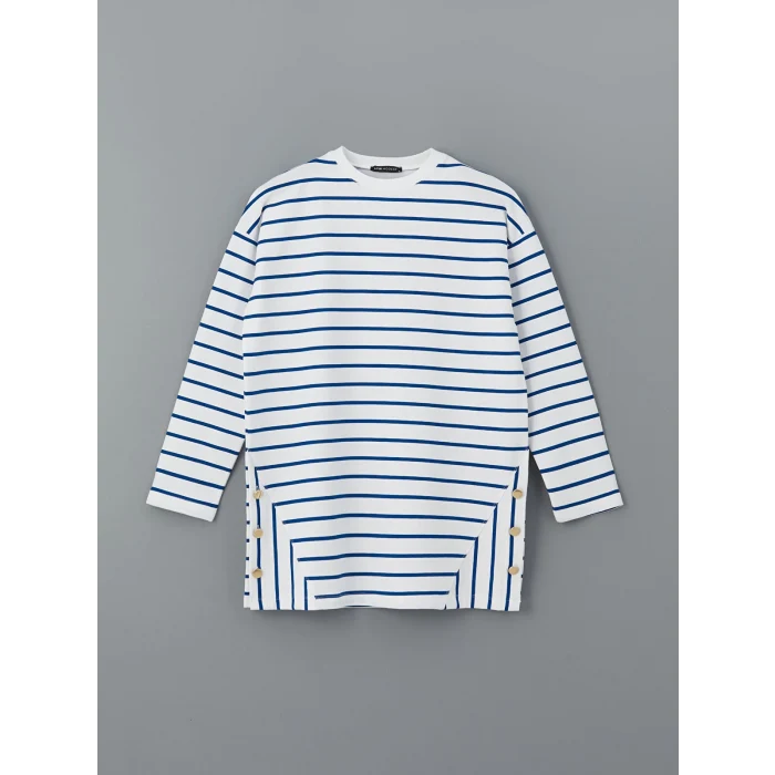 LCW Modest Mavi Bisiklet Yaka Çizgili Kadın Sweatshirt Tunik