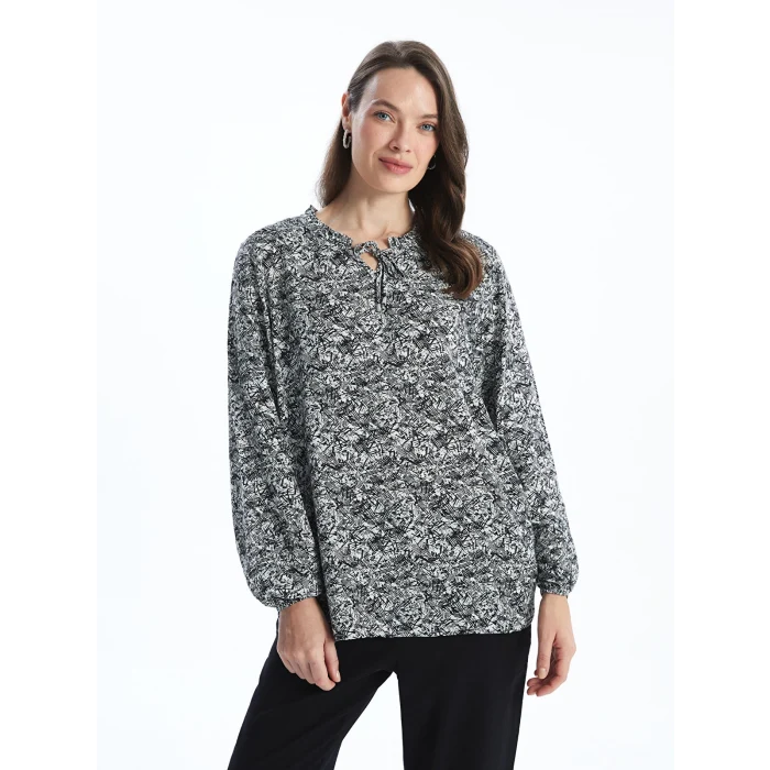 LCW Grace Siyah Bağlamalı Yaka Desenli Kadın Bluz