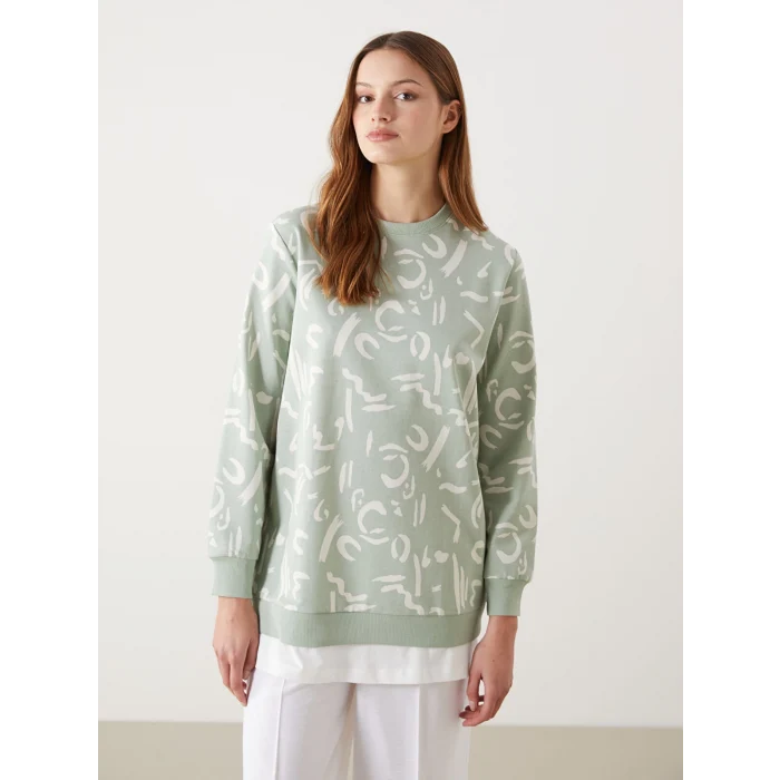 LCW Modest Yeşil Bisiklet Yaka Desenli Kadın Sweatshirt Tunik