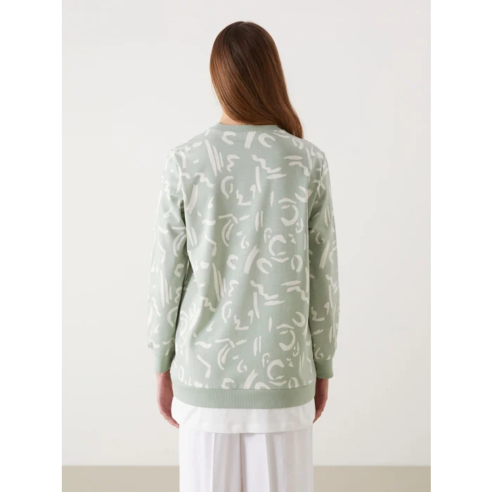 LCW Modest Yeşil Bisiklet Yaka Desenli Kadın Sweatshirt Tunik