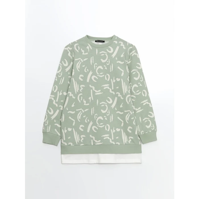 LCW Modest Yeşil Bisiklet Yaka Desenli Kadın Sweatshirt Tunik