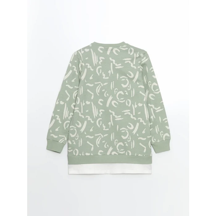 LCW Modest Yeşil Bisiklet Yaka Desenli Kadın Sweatshirt Tunik