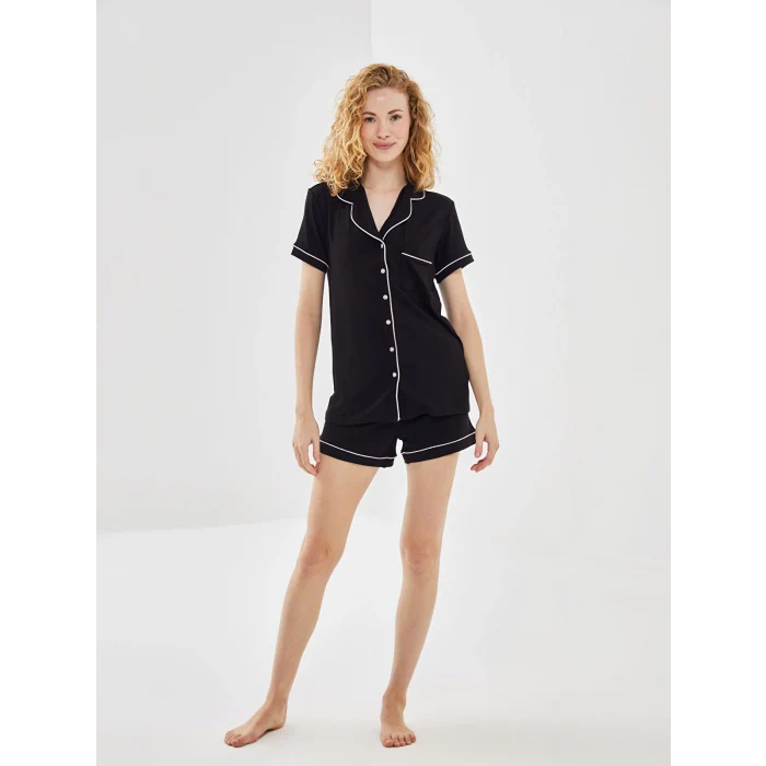 LCW DREAM Siyah Gömlek Yaka Kadın Şortlu Pijama Takımı