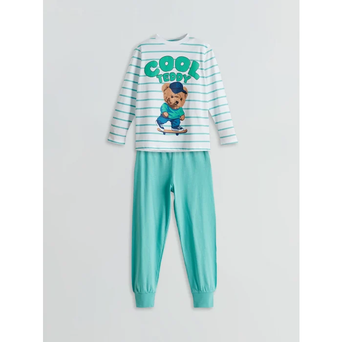 LCW Kids Beyaz Bisiklet Yaka Ayı Teddy Baskılı Erkek Çocuk Pijama Takımı