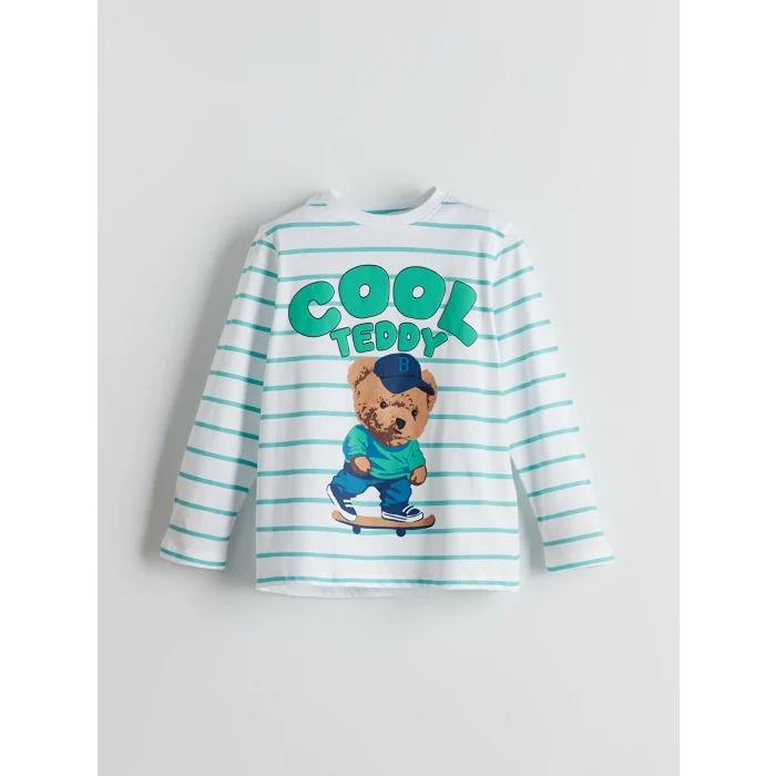 LCW Kids Beyaz Bisiklet Yaka Ayı Teddy Baskılı Erkek Çocuk Pijama Takımı