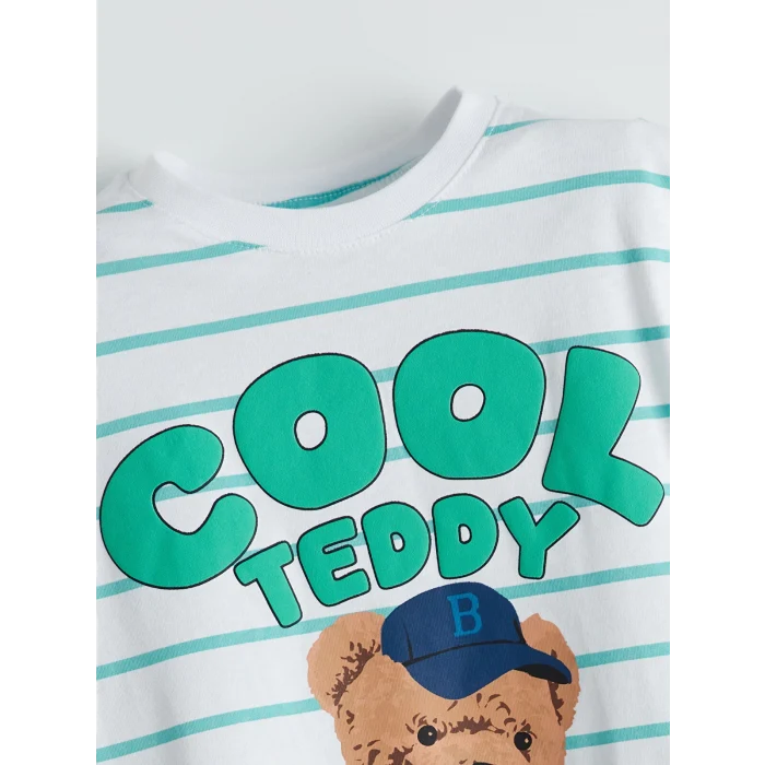 LCW Kids Beyaz Bisiklet Yaka Ayı Teddy Baskılı Erkek Çocuk Pijama Takımı