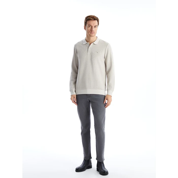 LCWAIKIKI Classic Bej Polo Yaka Uzun Kollu Erkek Sweatshirt