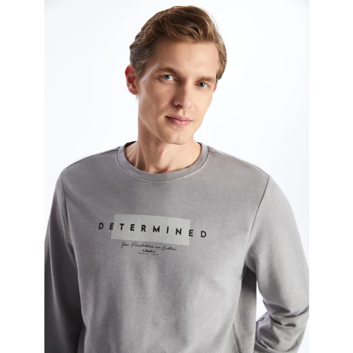 LCWAIKIKI Classic Gri Bisiklet Yaka Uzun Kollu Baskılı Erkek Sweatshirt