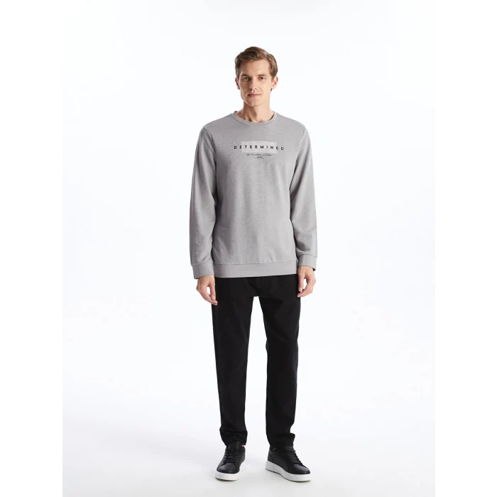 LCWAIKIKI Classic Gri Bisiklet Yaka Uzun Kollu Baskılı Erkek Sweatshirt