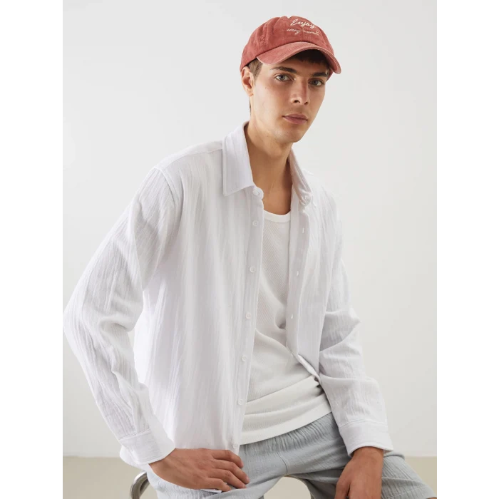XSIDE Beyaz Regular Fit Müslin Kırışıklı Erkek Gömlek