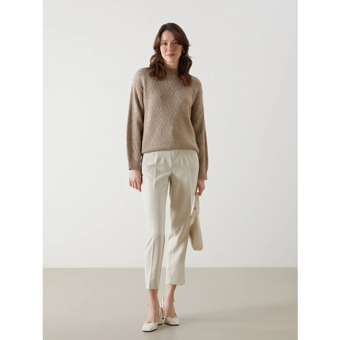 LCWAIKIKI Classic Bej Bisiklet Yaka Baklava Desenli Kadın Triko Kazak