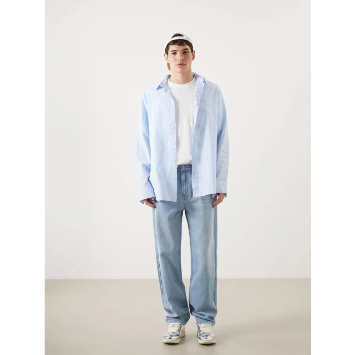 XSIDE Mavi Regular Fit Uzun Kollu Çizgili Keten Karışımlı Erkek Gömlek