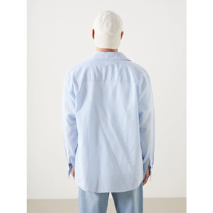 XSIDE Mavi Regular Fit Uzun Kollu Çizgili Keten Karışımlı Erkek Gömlek