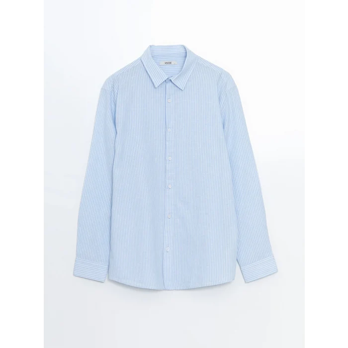 XSIDE Mavi Regular Fit Uzun Kollu Çizgili Keten Karışımlı Erkek Gömlek