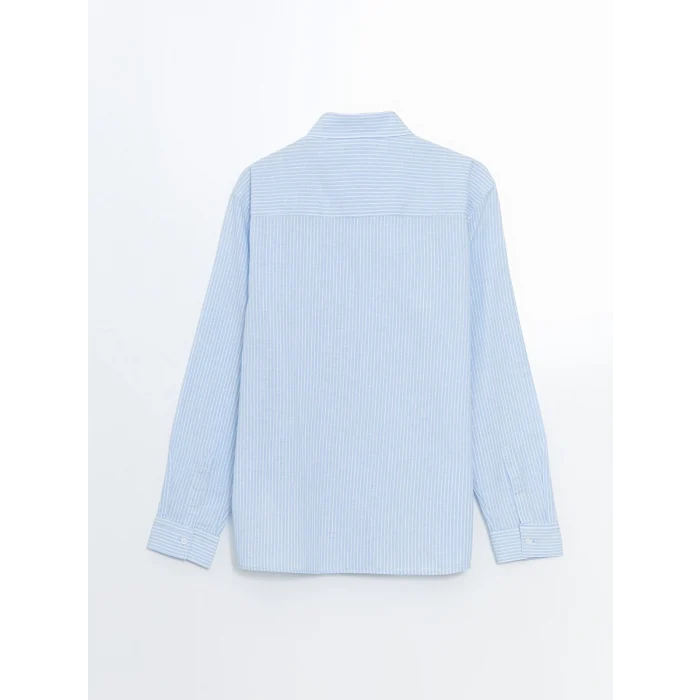 XSIDE Mavi Regular Fit Uzun Kollu Çizgili Keten Karışımlı Erkek Gömlek