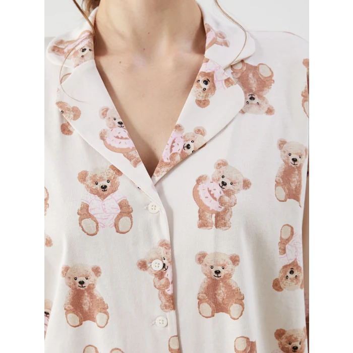 LCW Young Ekru Gömlek Yaka Ayı Baskılı Kadın Şortlu Pijama Takımı